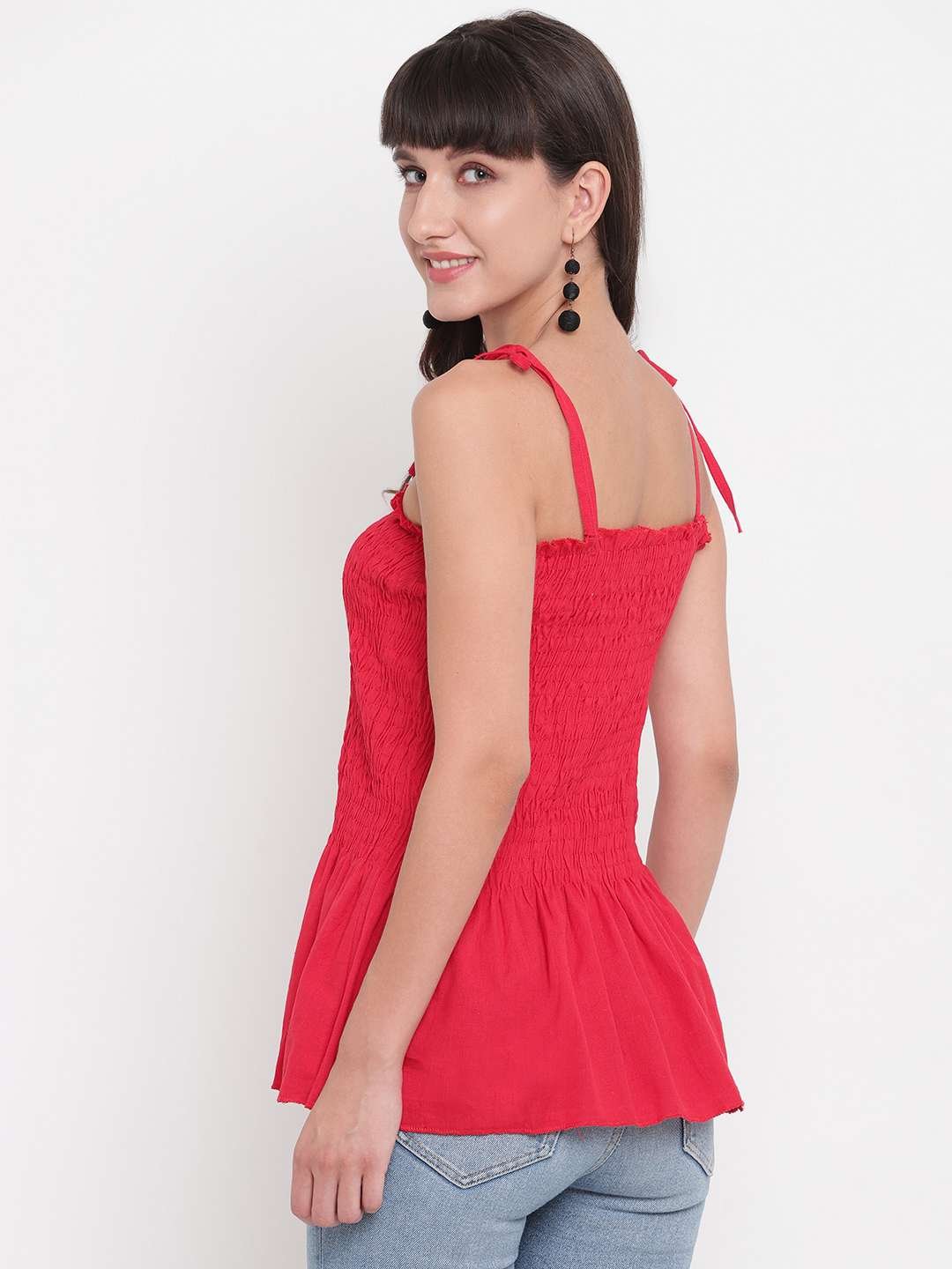 Women's Rayon Solid Casual Summer Style Tie Shoulder Straps Free Size Tank Top (Pink)